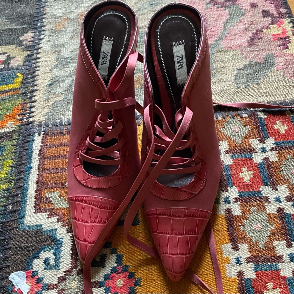 Zara special collection pointy pink  lace up booties